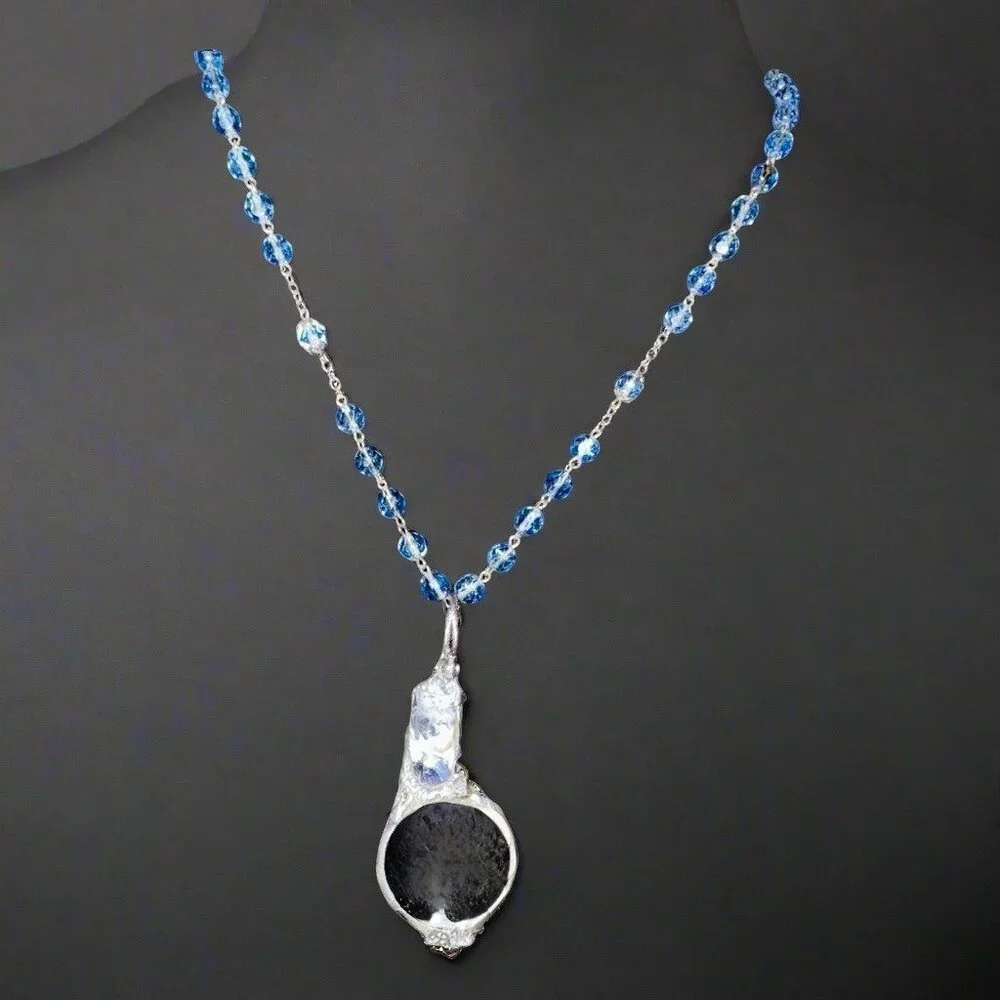 Natural Blue Opal & Magnifying Glass Silver Blend  Glass Beaded Artisan Necklace - Picture 3 of 12